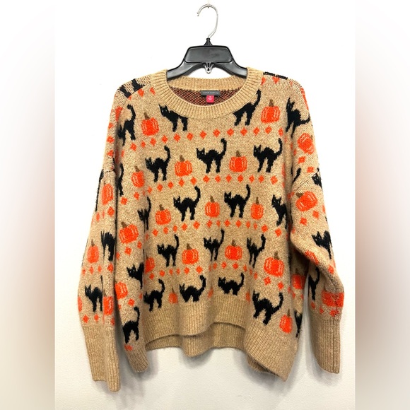 Vince Camuto Sweaters - Vince Camuto Women’s Tan Black Cat Pumpkin Festive Sweater Size XL